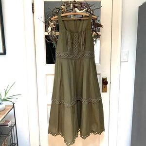J. Crew Olive Green Midi Dress with Lace Detail